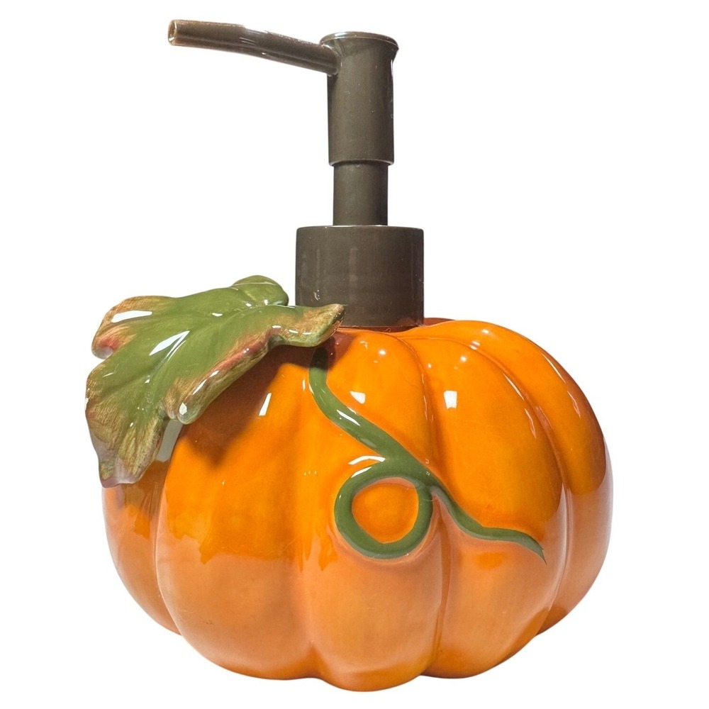 Ceramic Pumpkin Soap Dispenser Fall Harvest Thanksgiving Orange Green Leaf